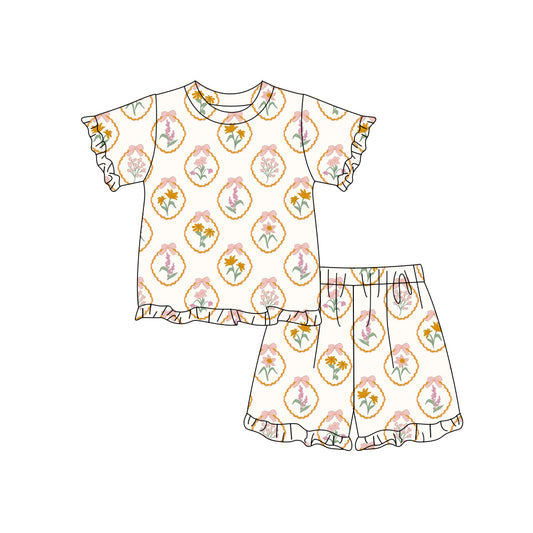 Preorder (moq 5)Baby Girls Short Sleeve Bows Flowers Top Ruffle Short Clothes Sets