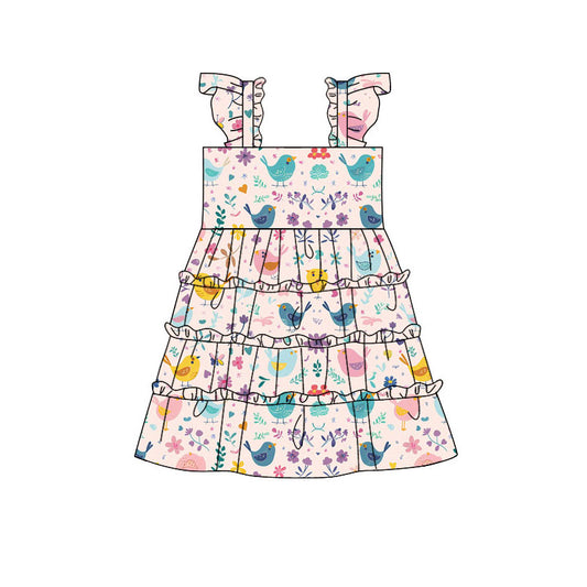 Preorder(moq 5) Baby Girls Colorful Birds Floral Patchwork Knee Length Dresses