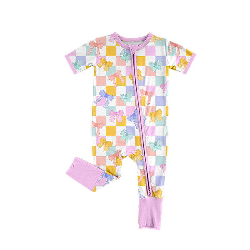Preorder(moq 8)Baby Girls Colorful Bows Checked Zipper Footie Rompers