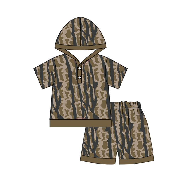 Preorder (moq 5)Baby Boys Southern Leaves Camo Button Hoodies Short Hunting Clothes Set