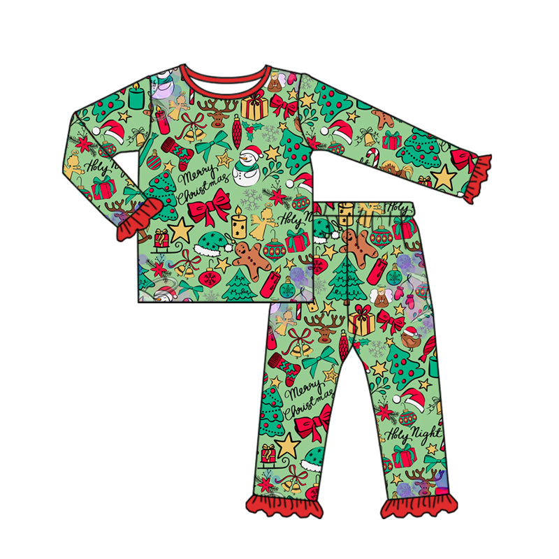 Preorder(moq 5) Baby Girls Long Ruffle Sleeves Santa Gingerbread Top Pants Pajamas Set