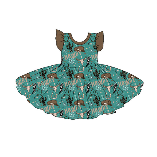 Preorder (moq 5)Baby Girls Western Cactus Howdy Flutter Sleeve Knee Length Dresses