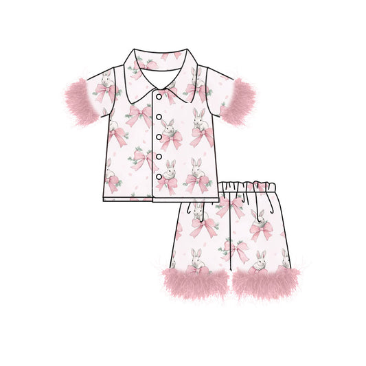 Preorder (moq 5)Baby Girls Pink Bows Rabbits Button Top Shorts Easter Fur Pajamas Sets
