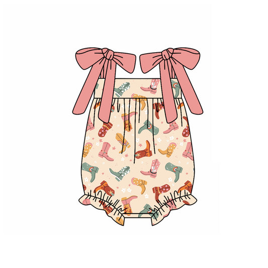 Preorder(moq 5)Baby Infant Girls Pink Strap Boots Flowers Summer Rompers