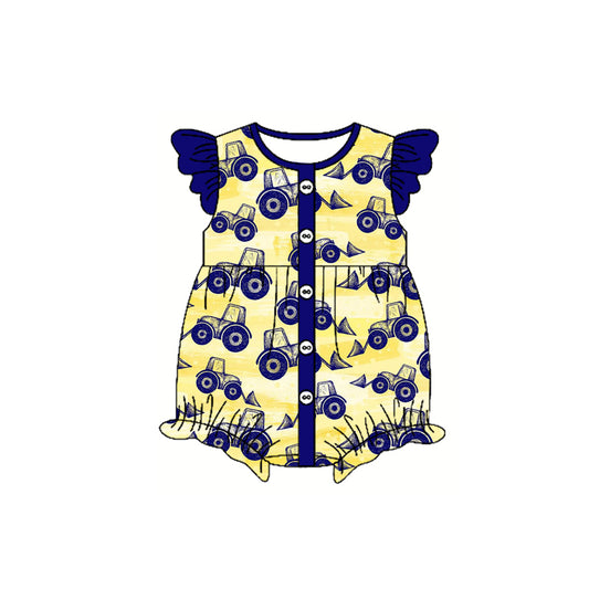 Preorder(moq 5)Baby Infant Girls Hot Blue Flutter Sleeves Excavators Button Rompers