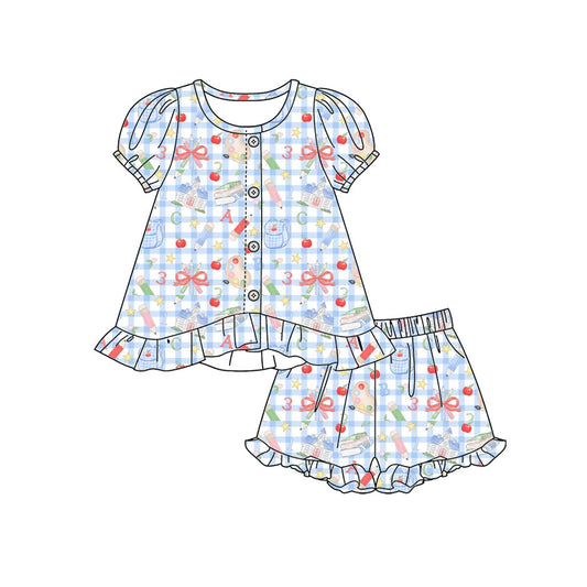 Preorder moq 5 Baby Girls ABC Pencils Button Tunic Ruffle Shorts Clothes Set