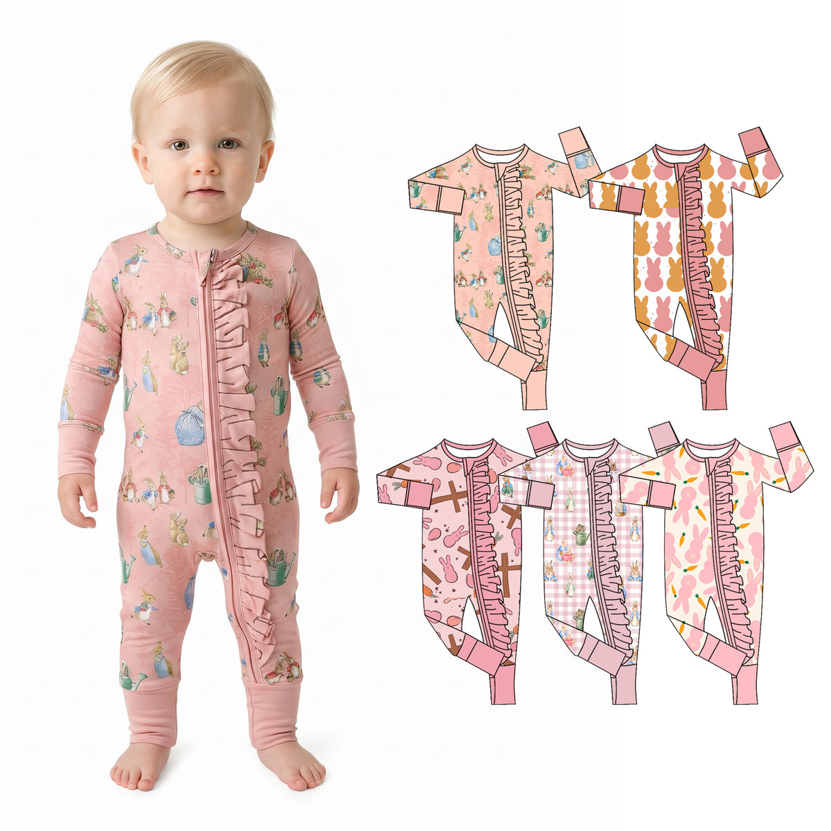 Preorder (moq 5) Baby Girl Clothes Easter Light Pink Bunny Carrot Silhouette Print Long Sleeve Zipper Ruffle Romper