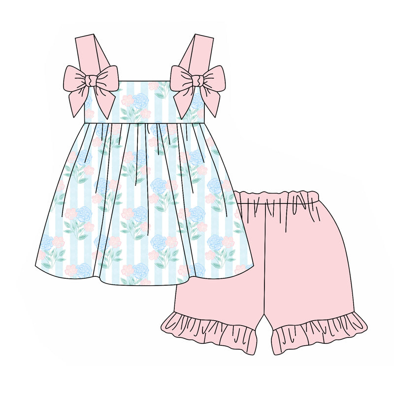 Preorder (moq 5)Baby Girls Blue Stripes Flowers Straps Tunic Top Shorts Clothes Sets