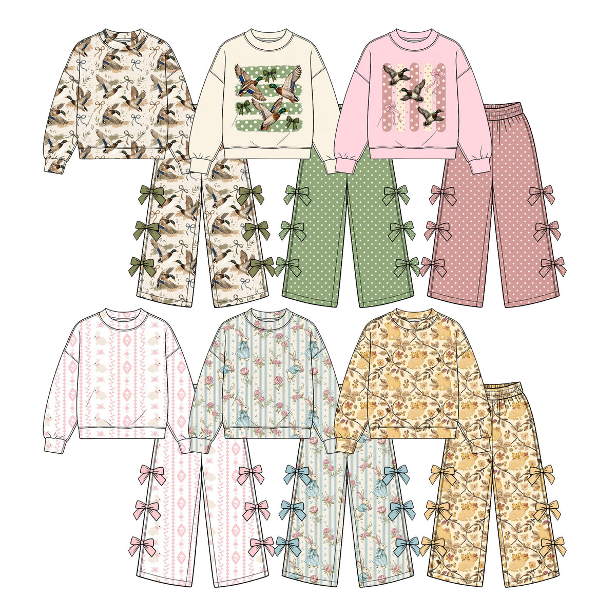 Preorder (moq 5) Baby Girl Clothes Mallard Duck Print Long Sleeve Top Side Bow Wide Leg Pants Outfit Set