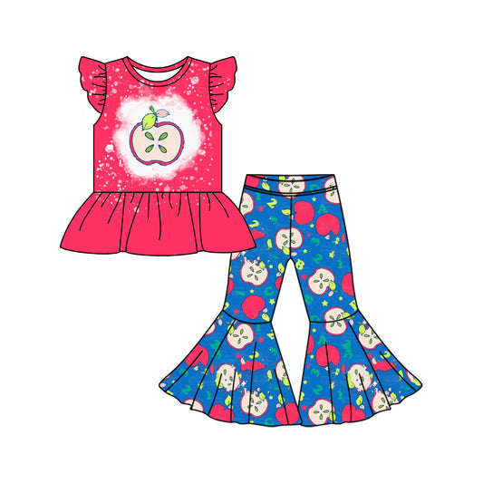 Preorder (moq 5)Baby Girls Back To School Apple Shirt Top Bell Pants Clothes Sets