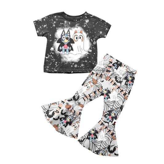 Baby Girls Ghost Dog Halloween Shirt Bell Pants Clothes Sets Preorder(moq 5)
