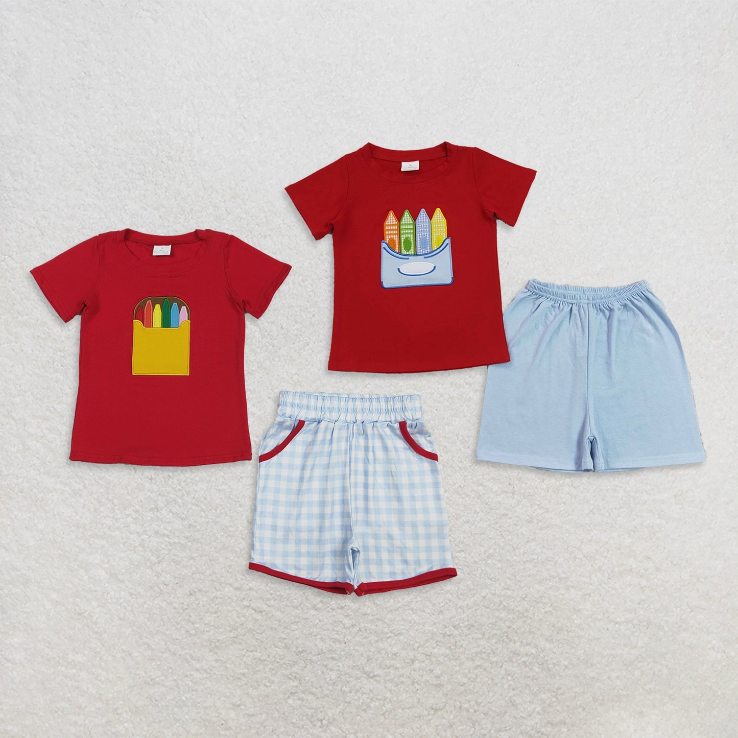 Sibling Baby Boys Embroidery Apple Pencils Top Pockets Short Back to School Clothes Sets