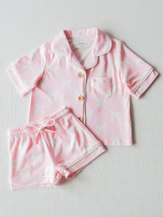 Baby Girls Pink Bows Buttons Top Shirt Shorts Pajamas Clothes Sets preorder (moq 5)