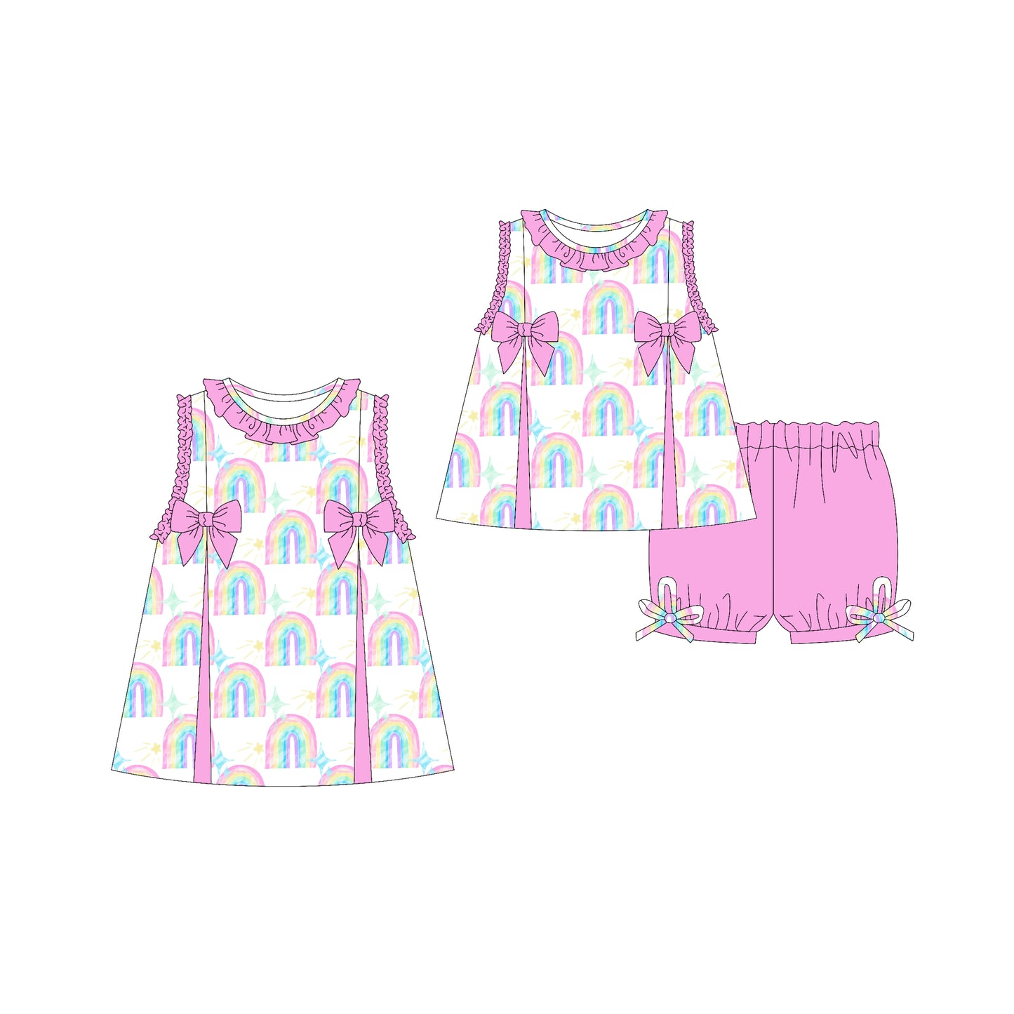 Preorder moq 5 Custom Baby Girls Sleeveless Colorful Rainbows Tunic Pink Ruffle Short Set Knee Length Dresses