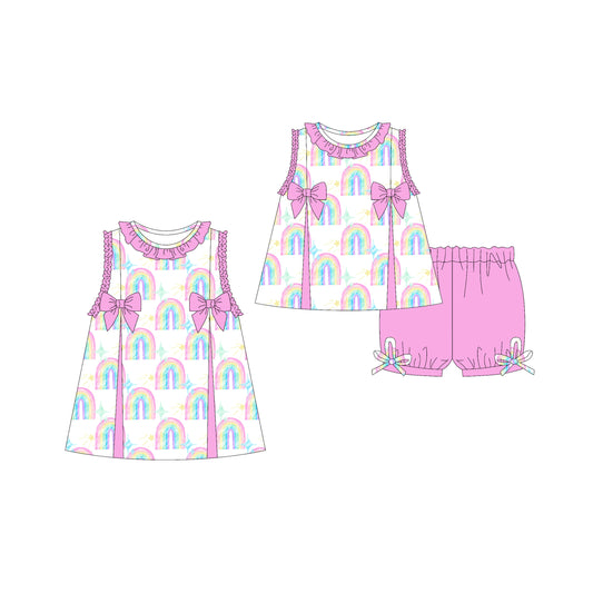 Preorder moq 5 Custom Baby Girls Sleeveless Colorful Rainbows Tunic Pink Ruffle Short Set Knee Length Dresses