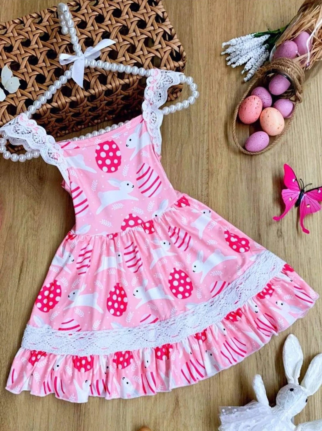 Preorder (moq 5)Baby Girls Easter Pink Rabbit Knee Length Dresses