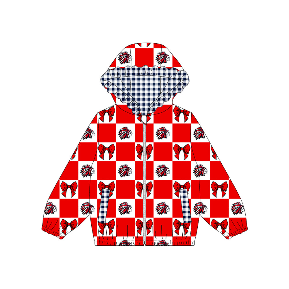 Preorder (moq 5)Baby Girls Bows Checked Tribe Zip Pockets Team Ruffle Hoodies Top