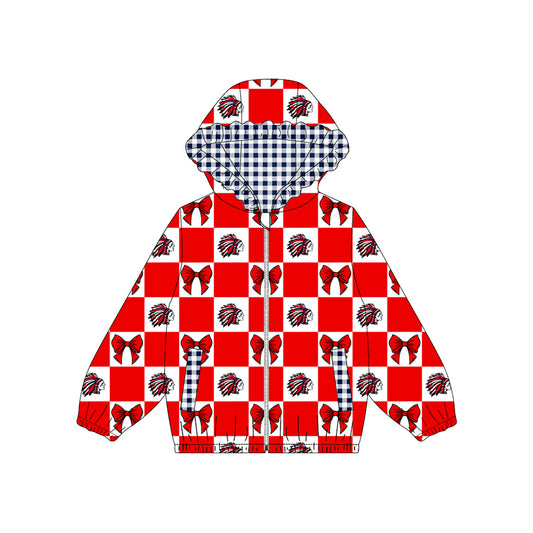 Preorder (moq 5)Baby Girls Bows Checked Tribe Zip Pockets Team Ruffle Hoodies Top
