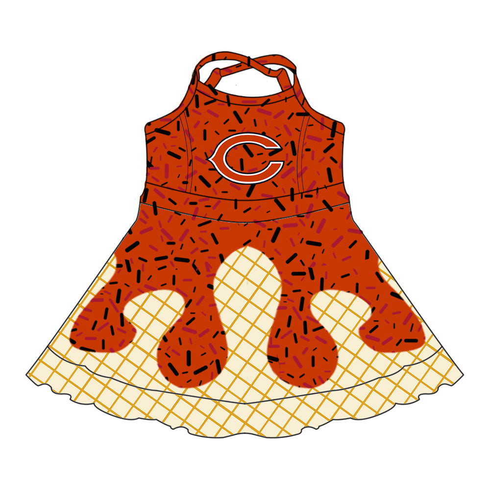 Preorder (moq 5)Baby Girls Drip Sprinkles Chicago Bears Team Shorts Ruffle Knee Length Dress