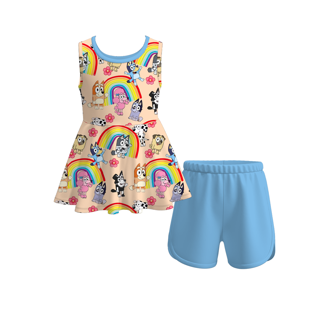 Baby Girls Dogs Colorful Rainbow Sleeveless Tunic Top Shorts Clothes Sets preorder (moq 5)