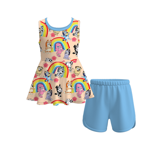 Baby Girls Dogs Colorful Rainbow Sleeveless Tunic Top Shorts Clothes Sets preorder (moq 5)