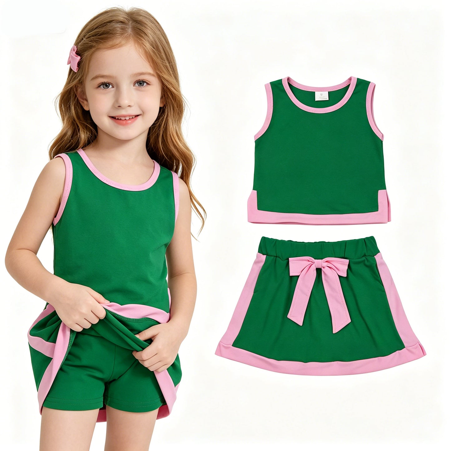 Baby Girls Green Pink Sleeveless Vest Top Bows Skirt Shorts Clothes Sets