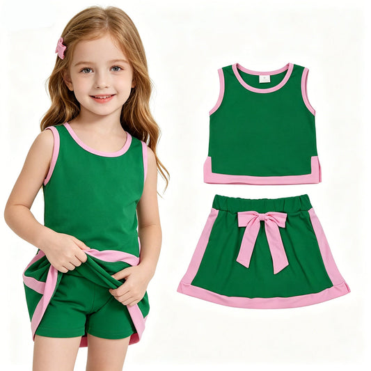 Baby Girls Green Pink Sleeveless Vest Top Bows Skirt Shorts Clothes Sets