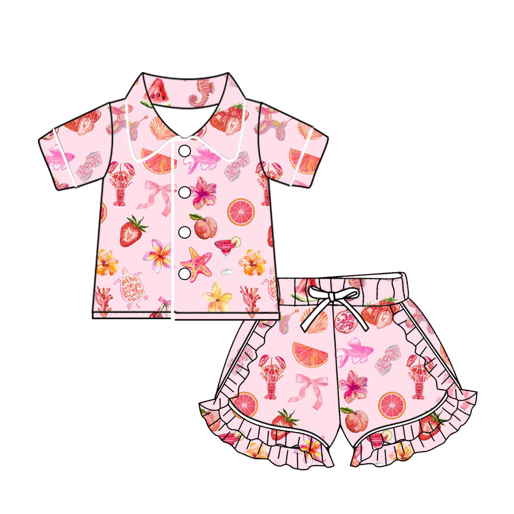 Baby Girls Crawfish Bows Buttons Top Ruffle Shorts Pajamas Sets preorder(MOQ 5)