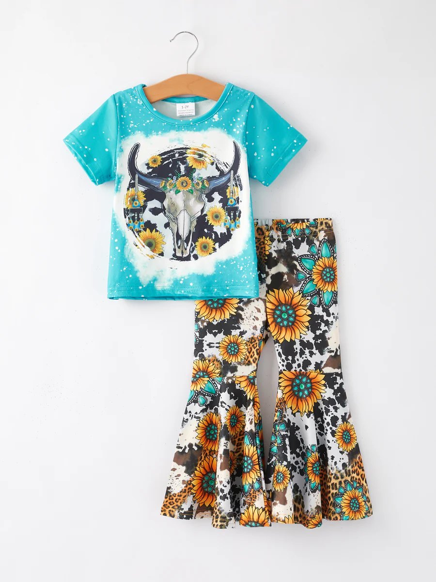 Preorder (moq 5)Baby Girls Aqua Cow Shirt Sunflower Bell Pants Clothes Sets
