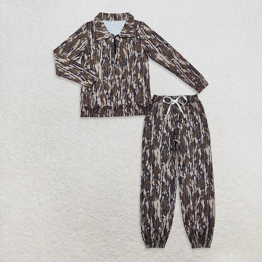 Adult Women Olive Camo Zipper Pullovers Top Yoga Active Pockets Jogger Clothes Sets