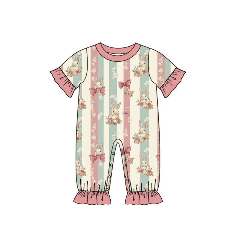 Preorder (moq 5) Baby Girl Clothes Striped Floral Bunny Bow Allover Print Short Sleeve Ruffle Button Romper