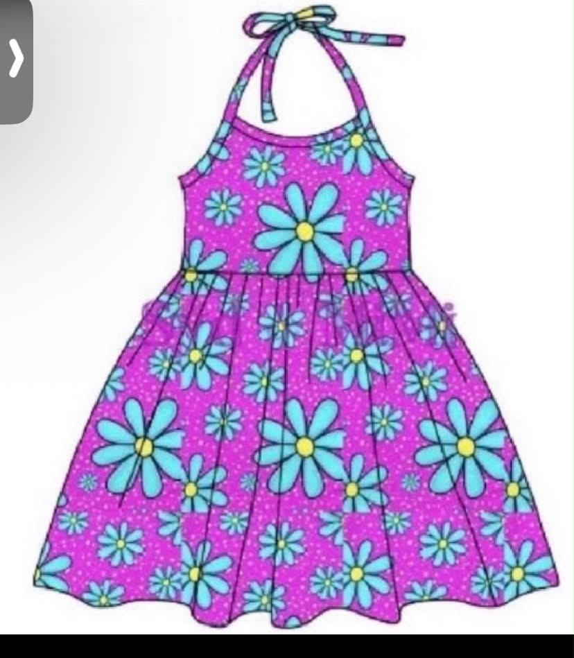 Preorder (moq 5)Baby Girls Blue Flowers Halter Knee Length Dress