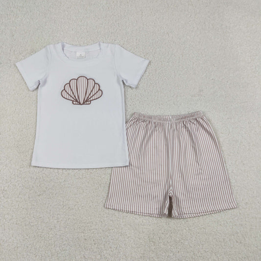 Embroidery Shells Baby Boys Shirt Top Stripe Shorts Clothes Sets