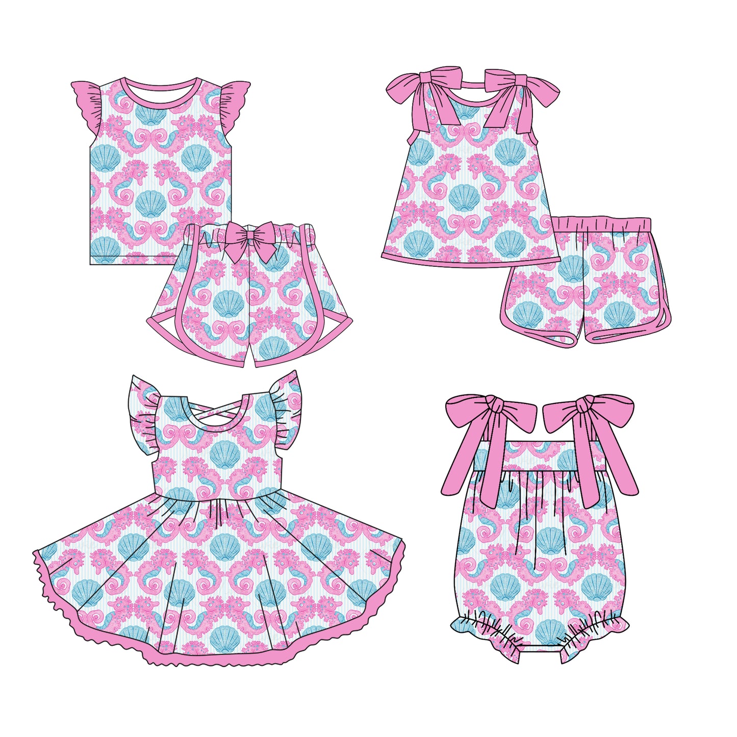 Preorder moq 5 Custom Baby Girls Sea Horses Shell Top Short Sets Knee Length Dress Ruffle Rompers