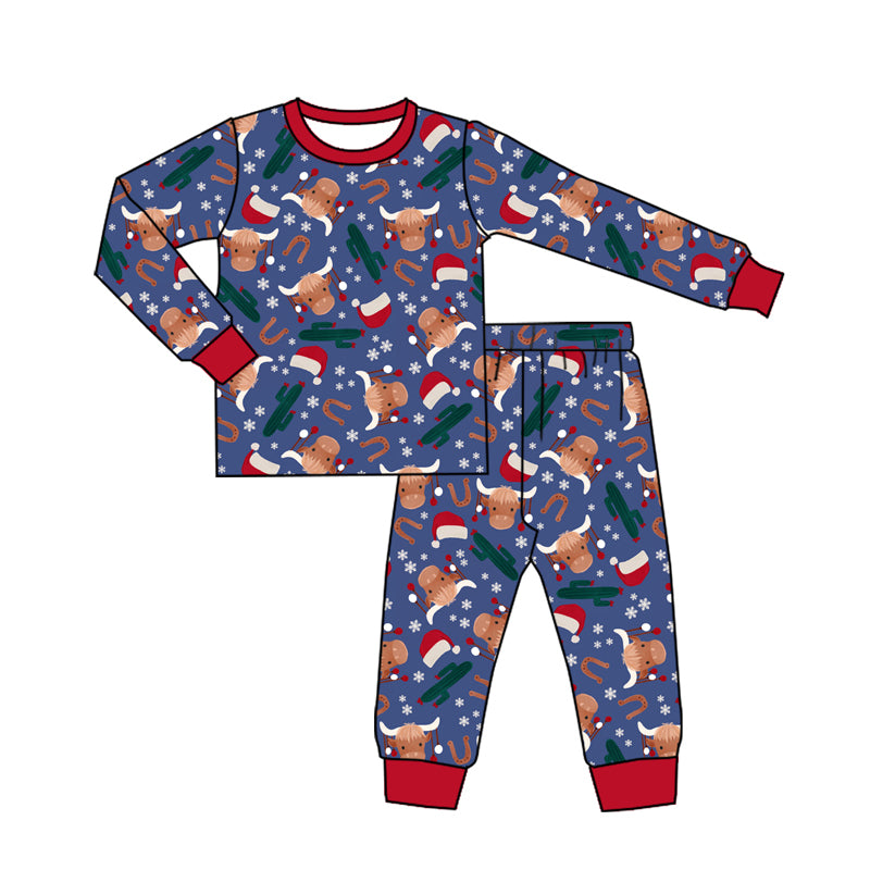 Preorder (moq 5)Baby Kids Long Sleeves Hot Blue Cows Cactus Top Pant Pajamas Set