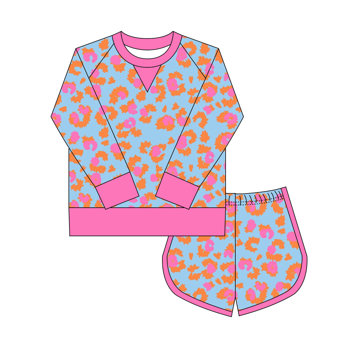 Preorder(moq 8)Baby Girls Orange Pink Leopard Long Sleeve Top Shorts Clothes Set