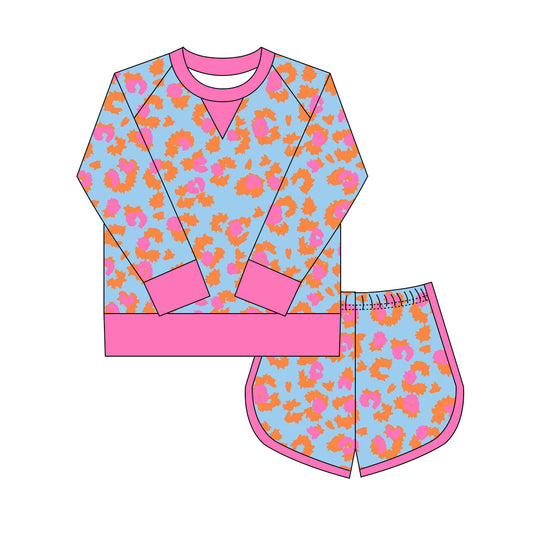 Preorder(moq 8)Baby Girls Orange Pink Leopard Long Sleeve Top Shorts Clothes Set