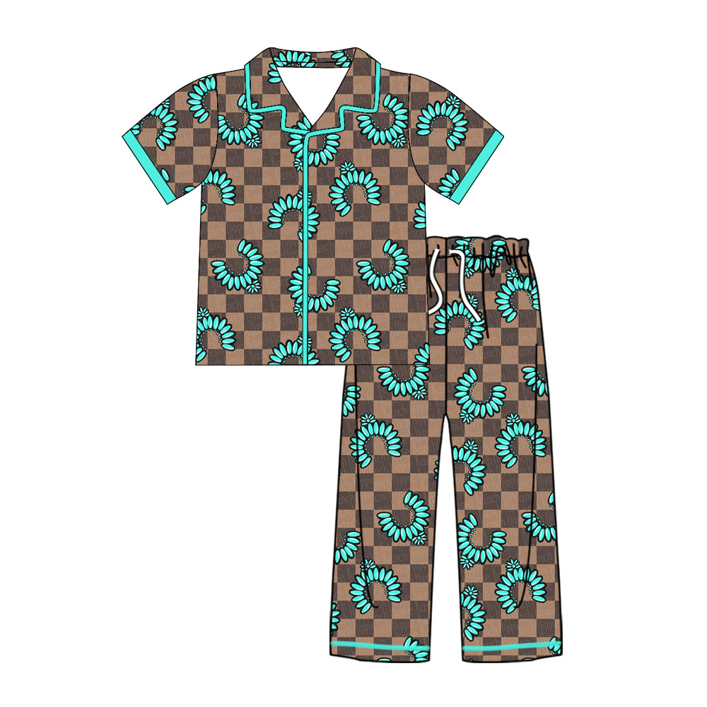 Preorder (moq 5)Baby Kids Short Sleeve Khaki Checked Turquoises Button Top Pants Western Pajamas Sets