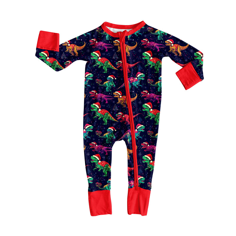 Preorder (moq 20)Baby Boys Bamboo Hats Dinosaurs Christmas Zippy Footie Rompers
