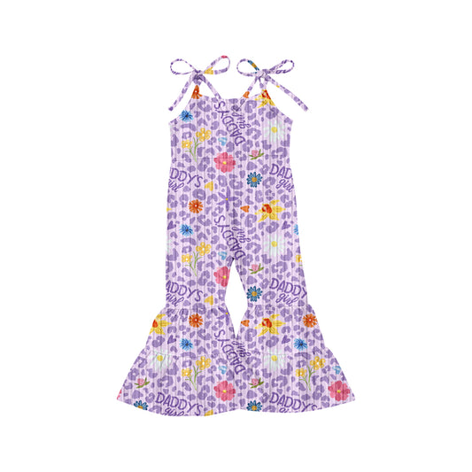 Preorder (moq 5)Baby Girls Lavender Bows Strap Daddy's Girls Flowers Leopard Bell Bottom Jumpsuits
