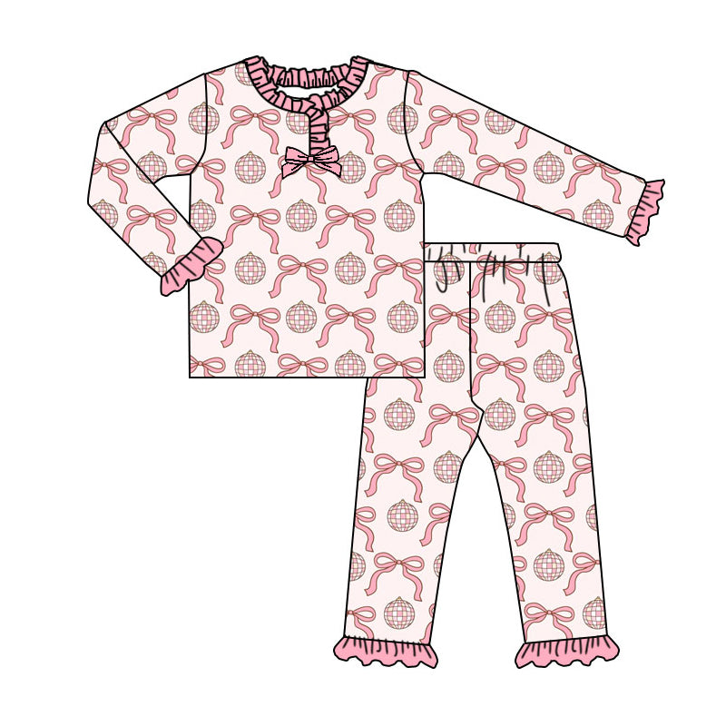Preorder (moq 5)Baby Girls Pink Bows Balls Long Ruffle Sleeves Pants Pajamas Sets