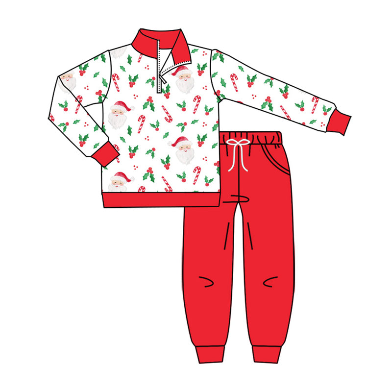 Preorder (moq 5)Baby Boys Santa Holly Zip Pullovers Pockets Joggers Christmas Clothes Set