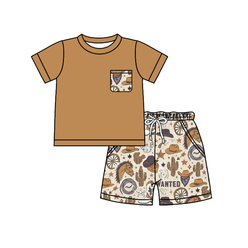 Preorder (moq 5)Baby Boys Khaki Pocket Shirt Horse Cactus Hats Shorts Western Clothes Sets