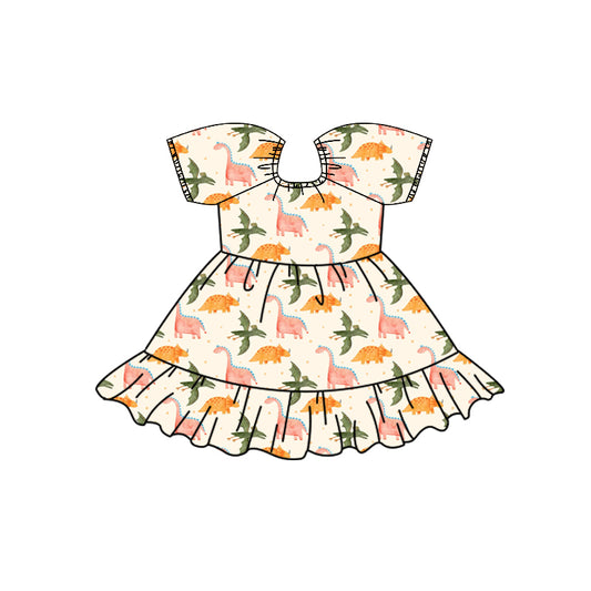 Preorder (moq 5)Baby Girls Colorful Dinosaurs Polka Dots Ruffle Knee Length Dresses