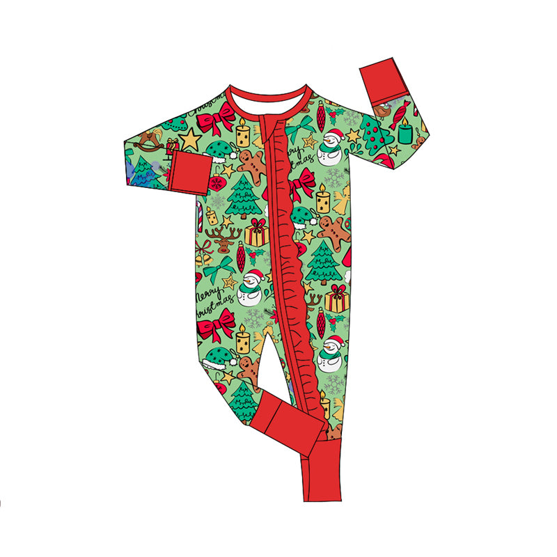 Preorder(moq 5)Baby Infant Girls Long Sleeves Christmas Trees Gingerbread Zipper Rompers