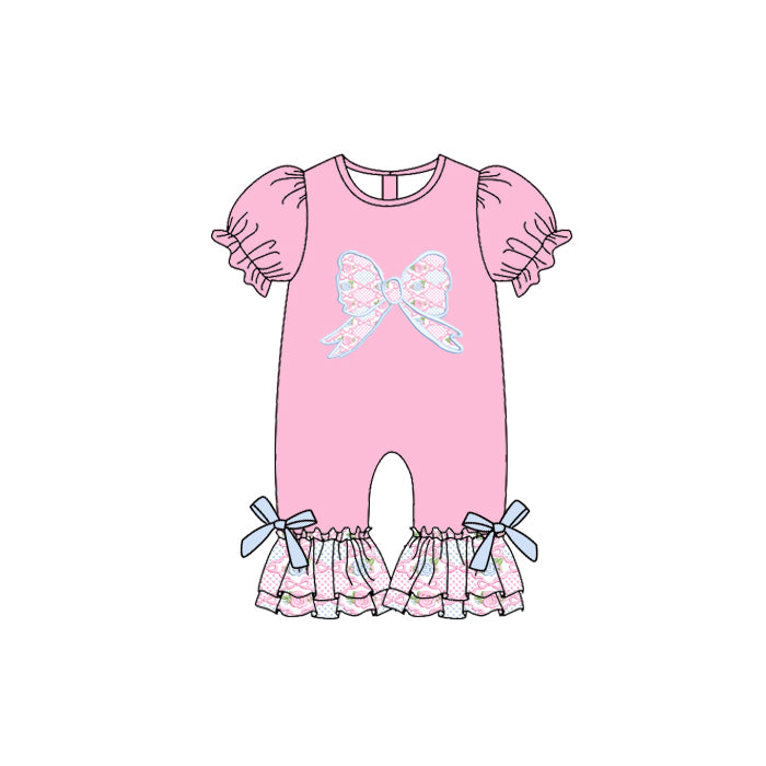 Preorder (moq 5)Baby Girls Pink Short Ruffle Sleeves Floral Bows Pant Rompers
