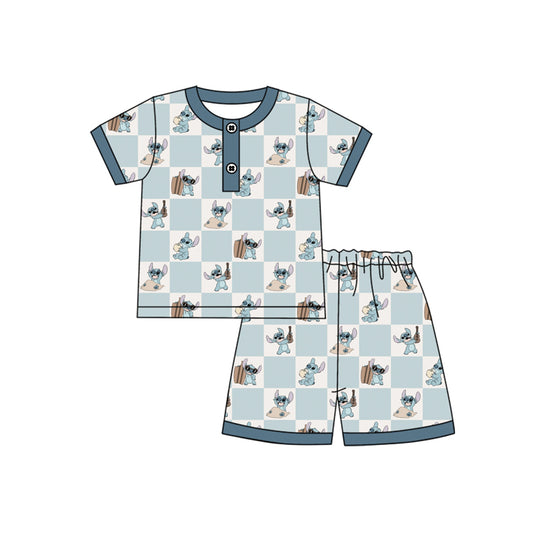 Preorder moq 5 Baby Boys Blue Short Sleeves Cartoon Bunny Button Top Short Pajamas Set