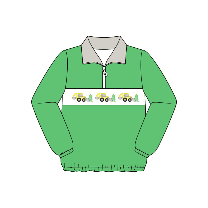 Preorder (moq 5)Baby Boys Green Long Sleeve Excavators Zip Pullovers Top