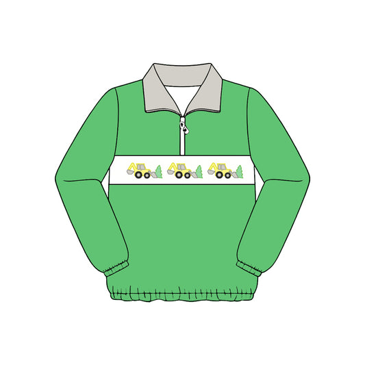 Preorder (moq 5)Baby Boys Green Long Sleeve Excavators Zip Pullovers Top