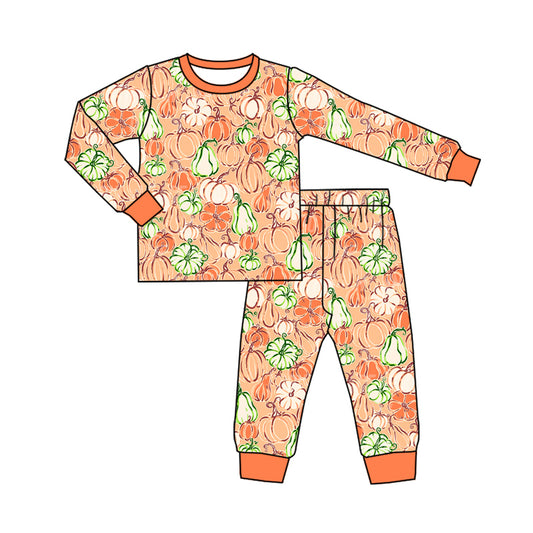 Preorder (moq 5)Baby Girls Short Sleeves Pumpkins Plaid Top Pant Pajamas Set